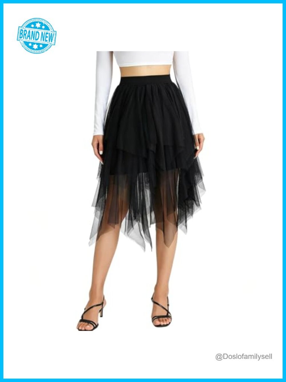 Women Mesh Tulle Midi Skirt High Waist Layered Ruffle Swing